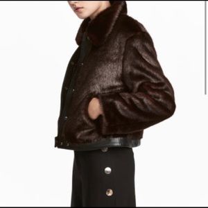 H&M Brown Faux Fur Jacket with Collar and Leather Detailing